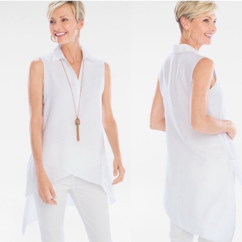Chico's Women's Linen Sleeveless Long Button Down Tunic Blouse White Size 2